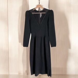 St. John -Vintage Jeweled Neckline Ribbed Midi Dress in True Black